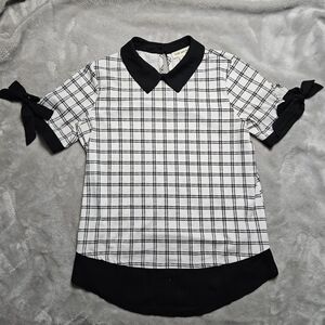 Faith and Joy Women’s Checkered Blouse Size S Short Sleeve Bow Tie